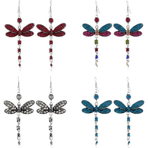 Fashion Trendy Stunning Glass crystal gem earrings earrings For Women Jewelry Statement Insect dragonfly pendant Earrings