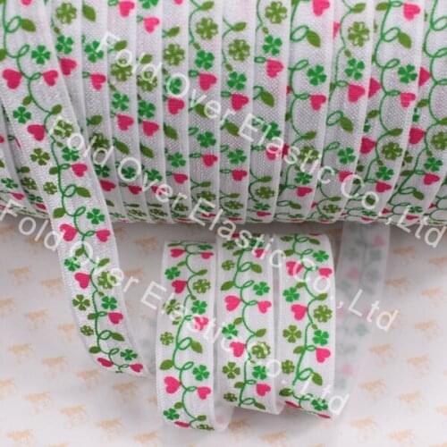 New! 5/8" heart & four leaves clover printed foe ribbon #029-white, high quality ribbon for DIY accessories, 100yards/lot