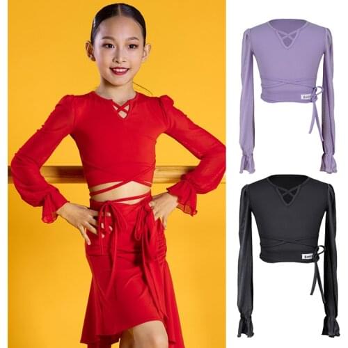 New Kids Latin Dance Tops Mesh Long Sleeves Girls Samba Costume Cha Cha Rumba Show Dancewear Stage Clothes Practice Tops BL5214