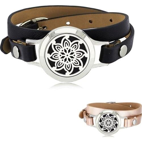 New 25mm 316L stainless steel aromatherapy bracelet magnetic essential oil diffusing bracelet with genuine leather band