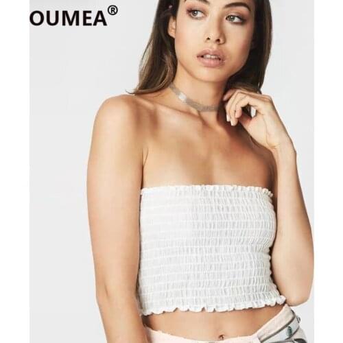 OUMEA Women Summer Smocked Bandeau Stretch Fit Retro Women Bustier Going Out Sleeveless Hot Tube Ruffled Trim Sexy Ruched Top