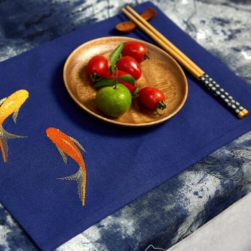 DUNXDECO Table Placemat Dinner Bowl Cup Mat Vintage Golden Fish Embroidery Blue Fabric Cover 1PC Artistic Desk Accessories