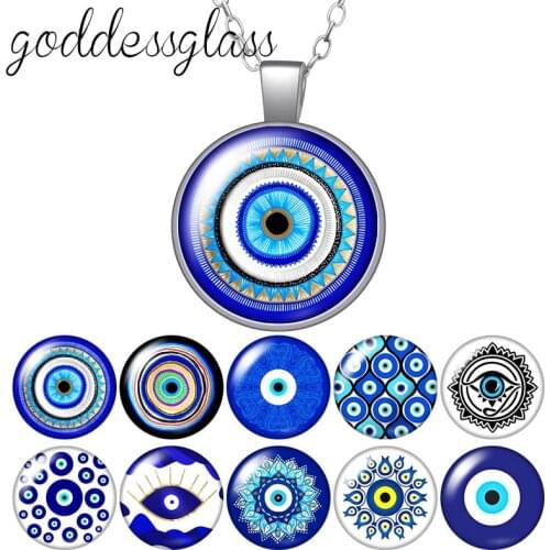 Evil eye patterns religion Faith blue eye Round Glass glass cabochon silver plated/Crystal pendant necklace jewelry for Gift