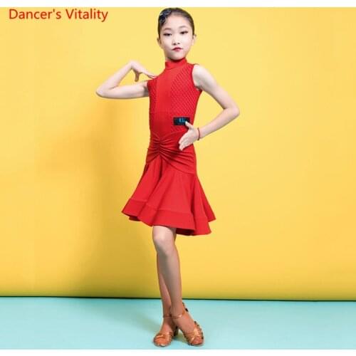 Latin Dance Girls Sexy Dress Stand Collar Professional Performance Exercise Clothes Children Summer Competition Clothes