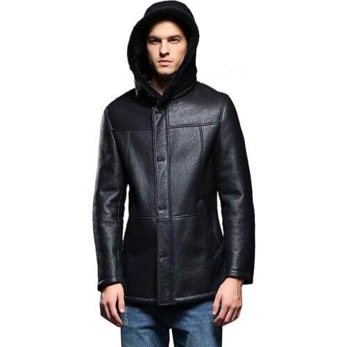 100% Real Sheepskin Fur Coat Genuine Leather Male Formal Winter Hood Jacket Black Zipper Warm Men Fur Outwear Big Size 4XL 5XL
