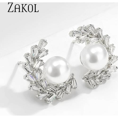 ZAKOL High Quality AAA Clear Color Cubic Zirconia Stone Flower Stud Earring for Women Fashion Pearl Wedding Jewelry FSEP2465