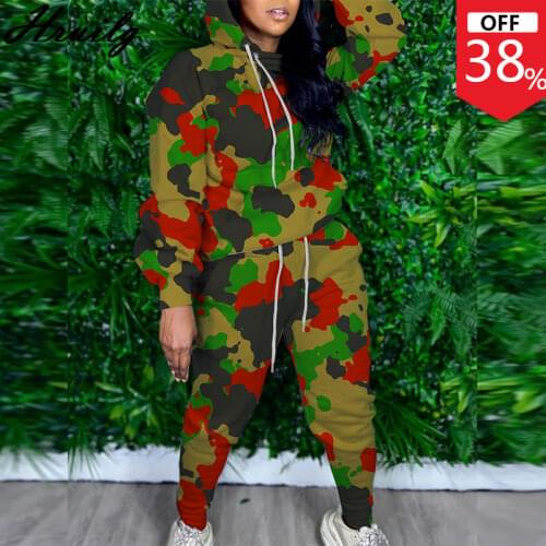 Matching Sets Long Sleeve Hooded Sweatshirt Woman Pants Camouflage Print 2 Piece Sets Womens Outfits Plus Size Drawstring 2 Pcs