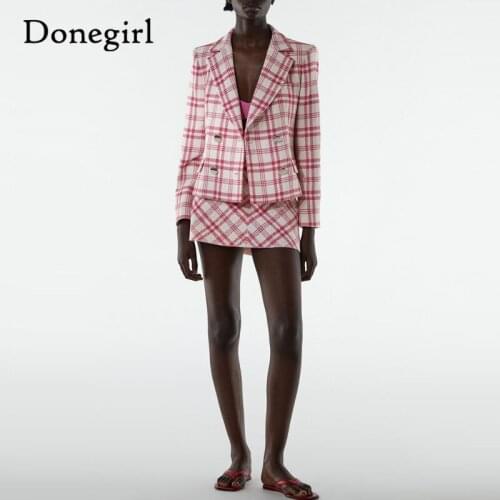 2021 New 2 piece set women ZA Casual Plaid Blazer+Skirt Spring Autumn Office Lady Coat Elegant Fashion Design Women Basic Coat