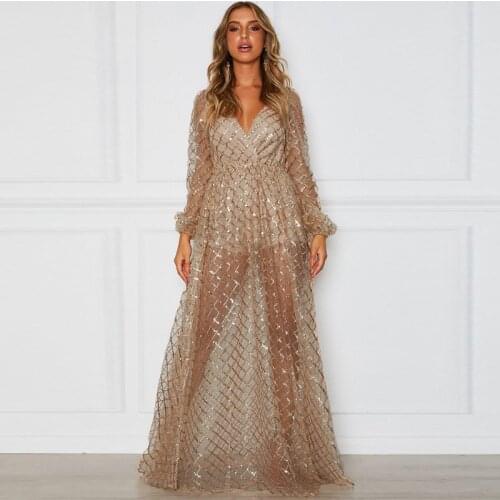 2021 Summer Women Long Party Dress Long Sleeve Sexy Mesh Tulle Gold Sequin Maxi Dress HB234