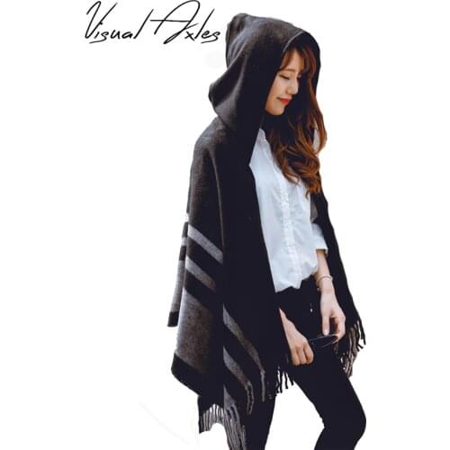 [Visual Axles] 2020 Womens Wool Hooded Poncho With Hat Winter Striped Poncho Sweaters Scarves Black Beige 2 Colors