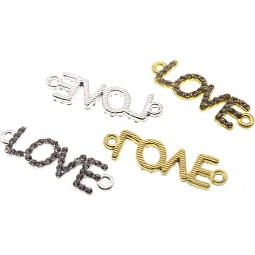 10pcs/lot 37x10mm Silver Rhinestone Love Letters Charm Connectors for DIY Jewelry Making Necklace Bracelet Clasps DIY Findings