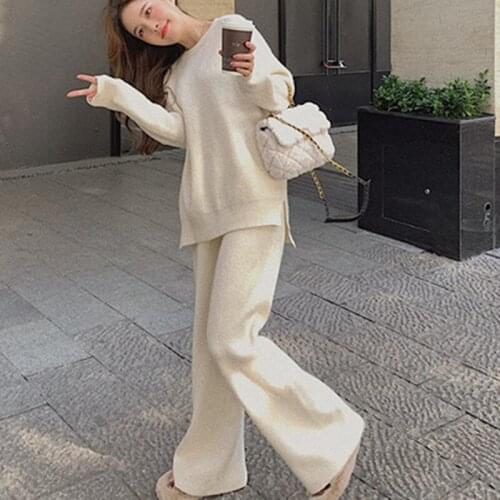 2021 New Arrival Two Piece Set Pullover Sweater Knit Tracksuit Women High Waist Knit Straight Pants Suit Winter Clothes