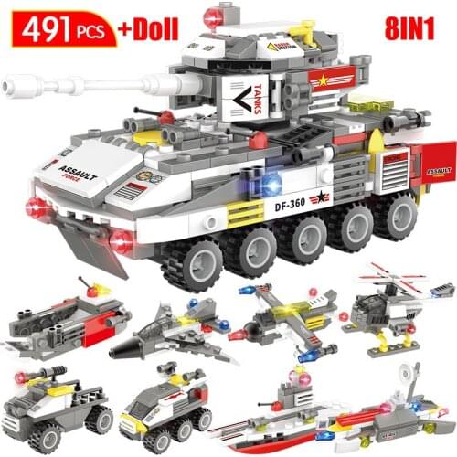491pcs DIY Wheeled Armored Tank Model Building Blocks Sets Military Aircraft Car Turck Soldier Figures Bricks Toys For Kids