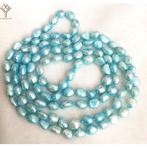 50'' 127cm Women Jewelry necklace 9x10mm light blue baroque pearl handmade necklace real natural freshwater pearl