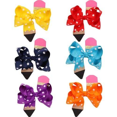 CN 6PCS 4.5 Inch Back To School Pencil Print Hair Bows for Girls Hair Clips Cute Dot Bowknot Hairgrips Kids Hair Accessories