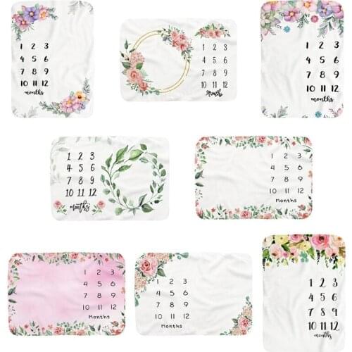 Baby Monthly Record Growth Milestone Blanket Flannel Floral Printed Swaddle Wrap G99C