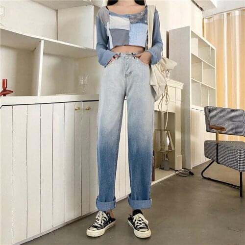 Gradient Wide-Leg Denim Trousers High Waist Fashion Streetwear Casual Long Pants Pocket Zipper 2021 Summer All Match