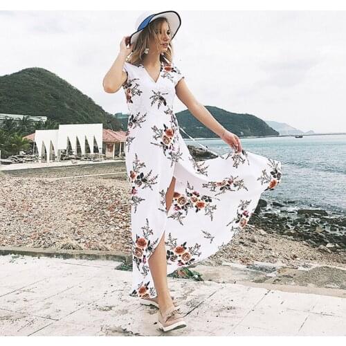 Elegant White Floral Print Beach Dress Women Bohemian V-neck Sleeveless Fit and Flare Summer Casual Long Dress Femal Vestidos
