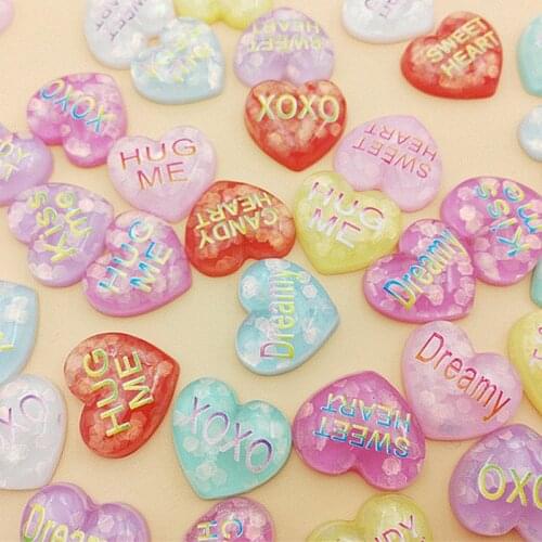 20Pcs Kawaii Glitter Heart Flatback Resin Cabochon Kiss me Letters Embellishments Scrapbooking DIY Hair Bows Center Deco Parts