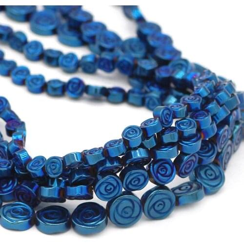 6/8/10MM Blue Natural Hematite Stone Rose Flower Shape Flat Round Spacer Loose Beads For DIY Jewelry Making Bracelet Findings