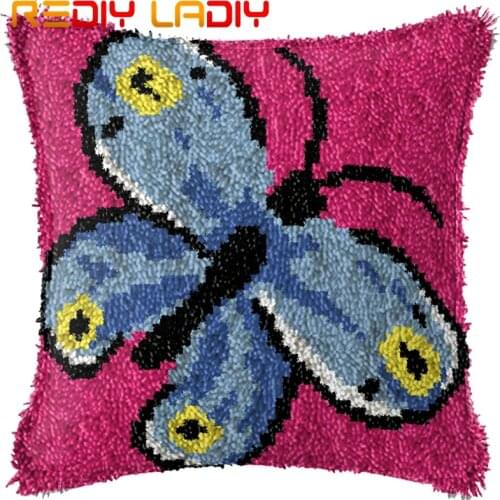 Latch Hook Cushion Blue Butterfly Pre-Printed Canvas Cushion Cover Acrylic Yarn Crochet Pillow Case Set Hobby & Craft Home Decor