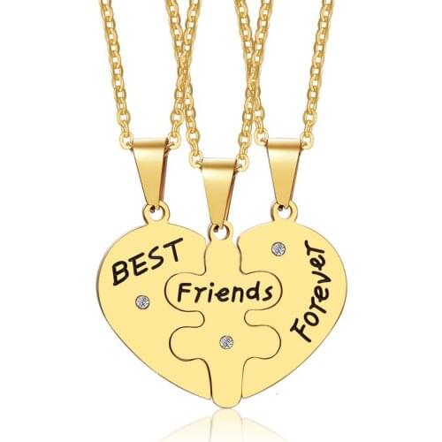 Fashion 3 Piece Heart Shape Puzzle Pendant Engraved Best Friends Forever Necklace Set Friendship Jewelry