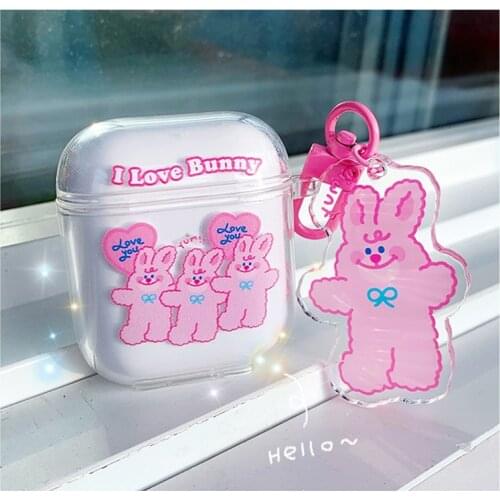 Cartoon Pink Rabbit Case for AirPods 1 2 Pro Case Soft Cute Clear Bluttooth Earphone Charging Box Cover with KeyChain