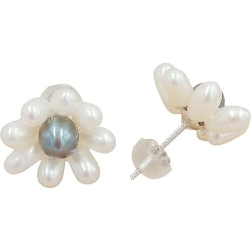 925 sterling silver stud pearl EARRING,100% nature freshwater pearl ,HANDMADE flower mini pearls,high luster quality,15 mm