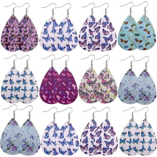 1Pair Butterfly Print PU Faux Leather Dangle Earrings Boho Style Teardrop Drop Pendientes Earrings for Women Jewelry