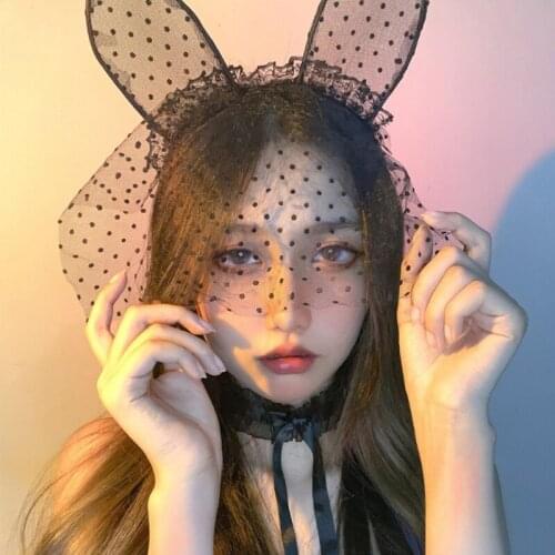 Mesh Lace Headband Bunny Ears Hairband with Veil Mask Halloween Easter Christmas Cosplay Props Theme Hair Accessories