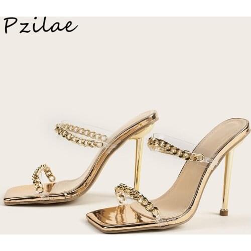 Pzilae Sexy Gold Chain Design PVC Slippers Summer Fashion Square Head Open Toe Metal High Heels Slip On Slides Women Mules