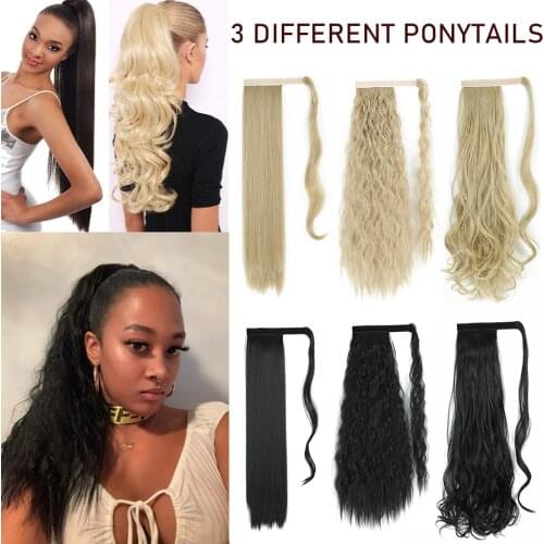 3pcs/set 24 inch Synthetic Velcro Ponytail Hair Piece Extension Clip Pony Tail Fake Black Brown Heat Resistant Straight Wavy Q62