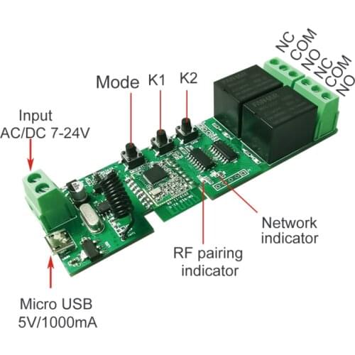 1/2CH Zigbee Smart Light Switch Module DC 5/12/32V RF433 Receive 10A Relays Work With Alexa Google Assistant Self-locking