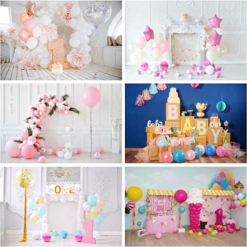 Laeacco Vinyl Backdrops Gray Wooden Floor Balloons Birthday Party Happy Baby 1st Party Cake Portrait Photographic Backgrounds