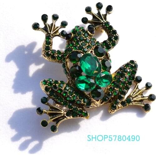 Vintage Rhinestone Frog Brooch Green Color Women Crystal Breast Pin Lady Corsage Coats Party Ornaments Classic Jewelry Luxury