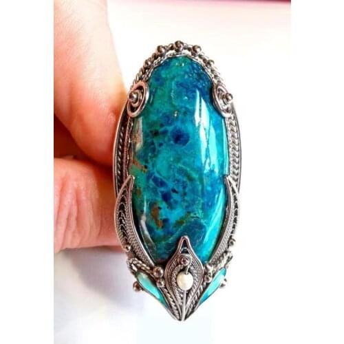 FFLACELL New Fashion Vintage Ethnic Style Irregular Pattern Inlaid Turquoise Ring Female Exaggerated Personality Party Jewelry