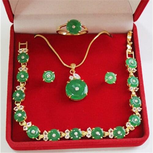 Green Stone Beads Jewelry Set Circle Round Crystal Pendant Necklace Bracelet Earrings Ring Sets for Women Bride Wedding Party