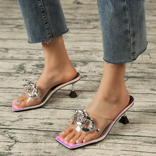 Women Shoes Slippers 8cm Thin Heel Sandals Chain Decor Designer Shoes Female Mules Slides Square Toe Casual Footwear Party Club