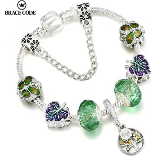 Autumn New Purple And Green Leaf Butterfly Charm Fine Bangles Family Tree Life Tree Pendant Brand Womens Bracelet