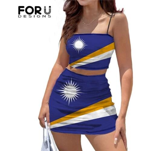 FORUSEDIGNS Two Piece Set Women Skirt Marshall Flag Printing Cami Crop Tube Top Mini Skirt Set For Womens Hot Sales Outfits Jupe