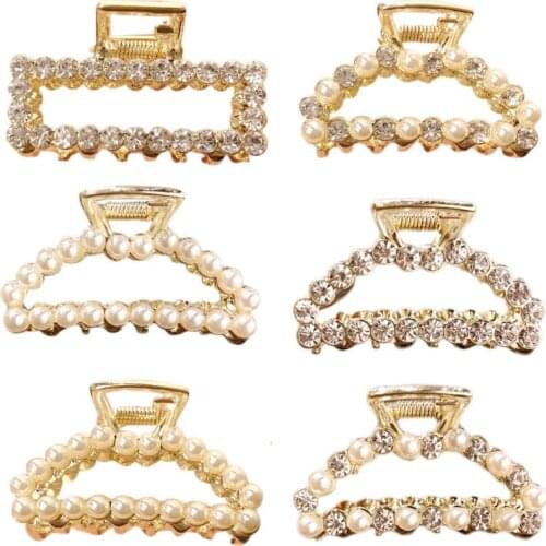 Women Ladies Korean Style Metal Alloy Side Hair Claw Luxury Faux Pearl Glitter Rhinestone Jaw Clip Hollow Out Geometric Hairpins