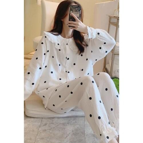KISBINI Women Pajamas Set Oversize Dot Print Long Sleeve Autumn Female Sleepwear Pure Cotton Button Homewer For Pregnant Women