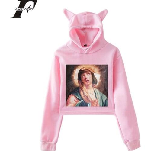Kpop Virgin Mary Women Crop Top Hoodies Streetwear Hip Hop Long Sleeve Cropped Hooded Pullover Top Casual Short Sweatshirt