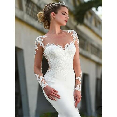 Sheer Long Sleeves Satin Mermaid Wedding Dresses 2020 Tulle Lace Applique Sweep Train Wedding Bridal Gowns With Buttons robes de