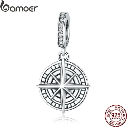 Bamoer 925 Sterling Silver Compass Pendant Charm for Original Brand Bracelet Embossed Pattern Silver beads jewelry make BSC383