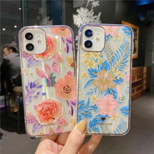 Gradient Aurora Flower Case For iPhone 12 Pro Max SE2020 7 8 Plus 12 Mini 11 Pro XS Max XR X Electroplate Rose Soft TPU Cover