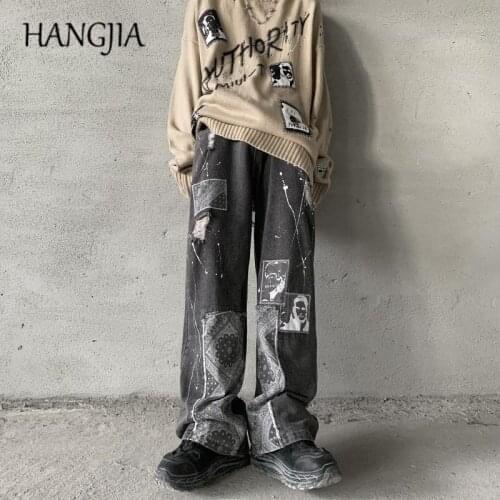 Hip-hop Retro Cashew Flower Patchwork Wide Leg Jeans Women Streetwear Loose Splash Ink Drape Graffiti Denim Pants for Men