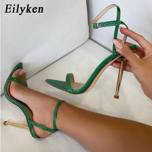 Eilyken Summer New Fashion Ankle Buckle Strap Sandals Women Sexy Snake Print Pointed Toe Metal Thin High Heel Party Ladies Shoes