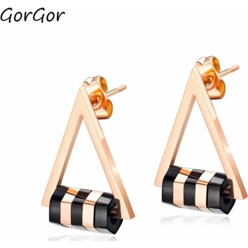 GorGor Elegant Geometric Triangle Cool Simplicity Stylish Short Rose Gold Plated Titanium Steel Womens Fashion Earrings 561
