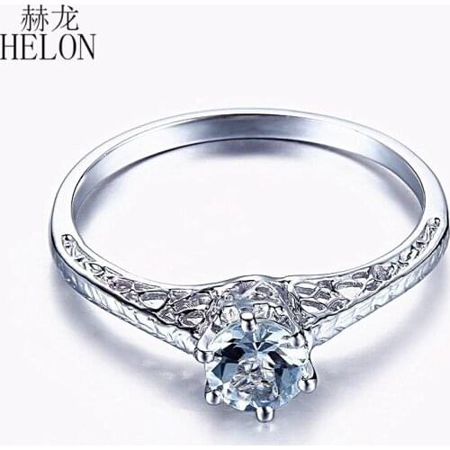 HELON Solid 14K White Gold Round 4.5mm Natural Aquamarine Ring Women Engagement Art Deco Vintage Solitaire Gemstone Fine Jewelry